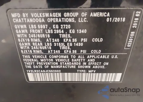 2018 Volkswagen Atlas 3.6L V6 Se/3.6L V6 Se W/Technology from USA, damaged, VIN 1V2LR2CA9JC552002